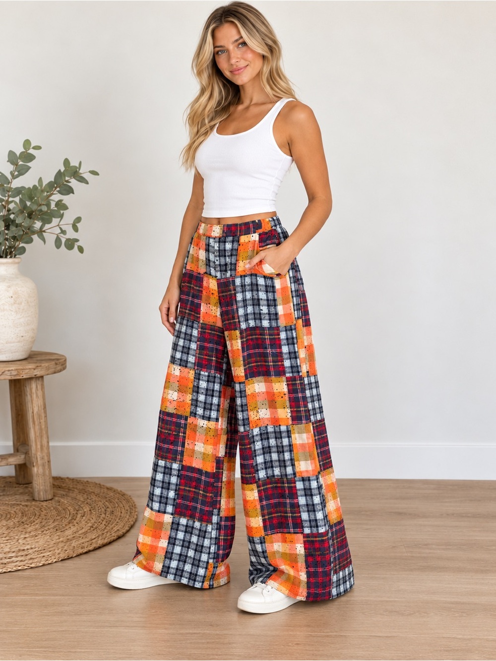 Jaded Gypsy Mixed Up Flannel Pants Mango Patchwork Wide Leg L/XL - Picture 2 of 8